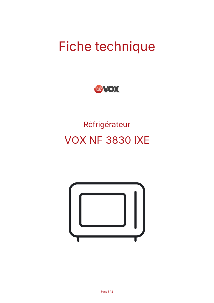 Page n°1 - Fiche technique VOX NF 3830 IXE