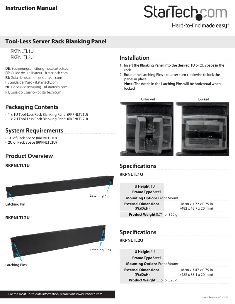 Page n°1 - Manuel utilisateur StarTech.com RKPNLTL1U