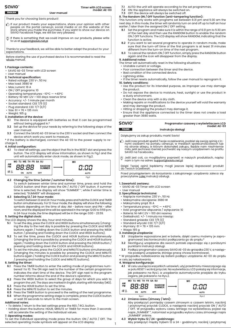 Page 1 de la notice Manuel utilisateur Savio AE-03