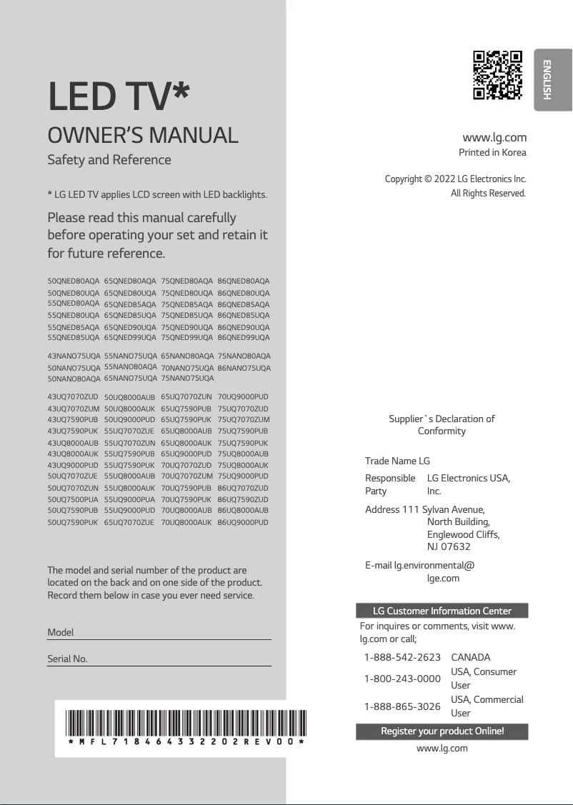 Page 1 de la notice Manuel utilisateur LG 75UQ9000PUD