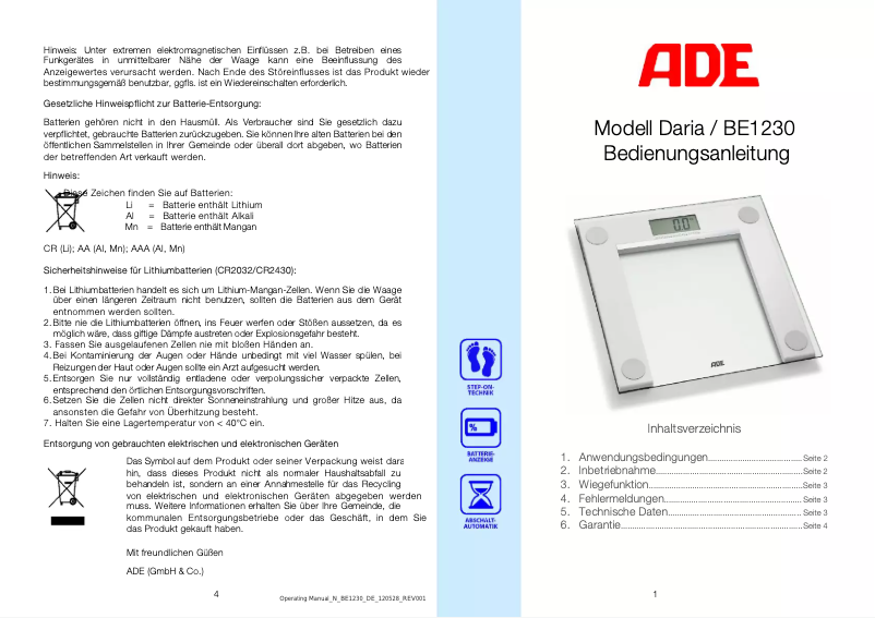 Page n°1 - Manuel utilisateur ADE Daria BE 1230