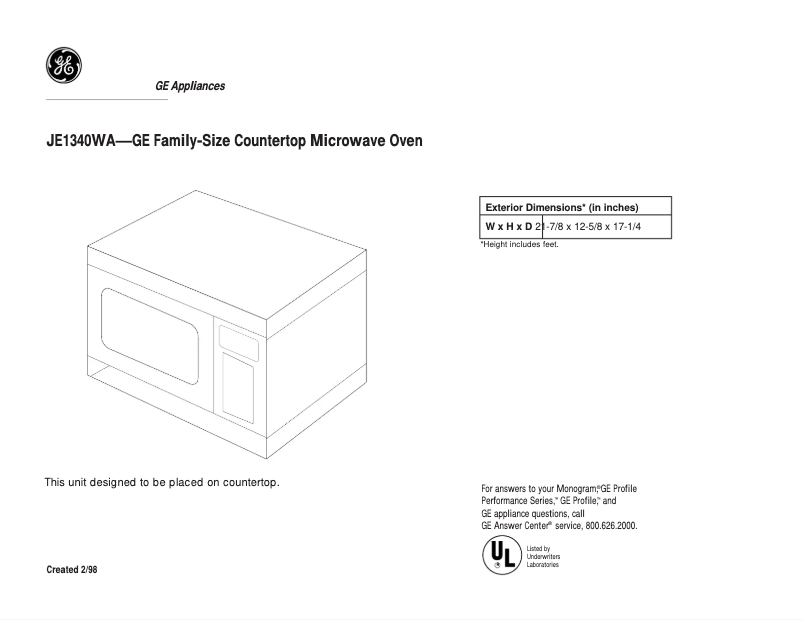 Page 1 de la notice Fiche technique GE JE1340WA