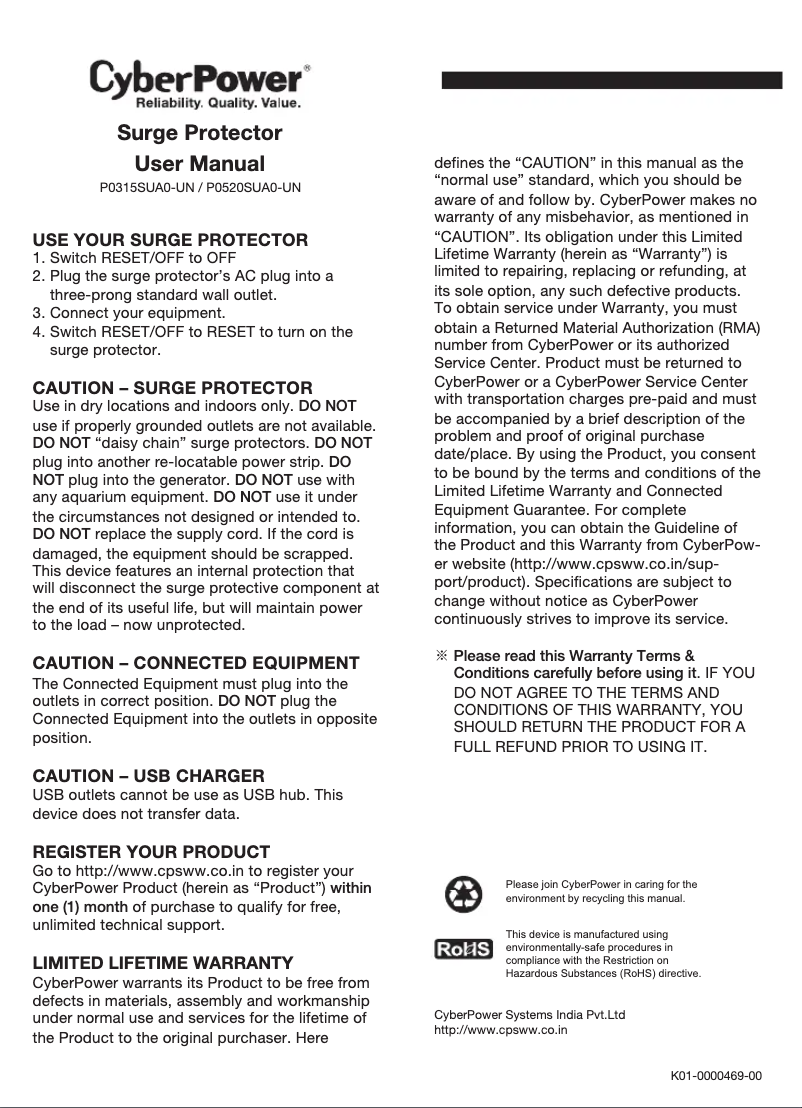 Page 1 de la notice Manuel utilisateur CyberPower P0520SUA0