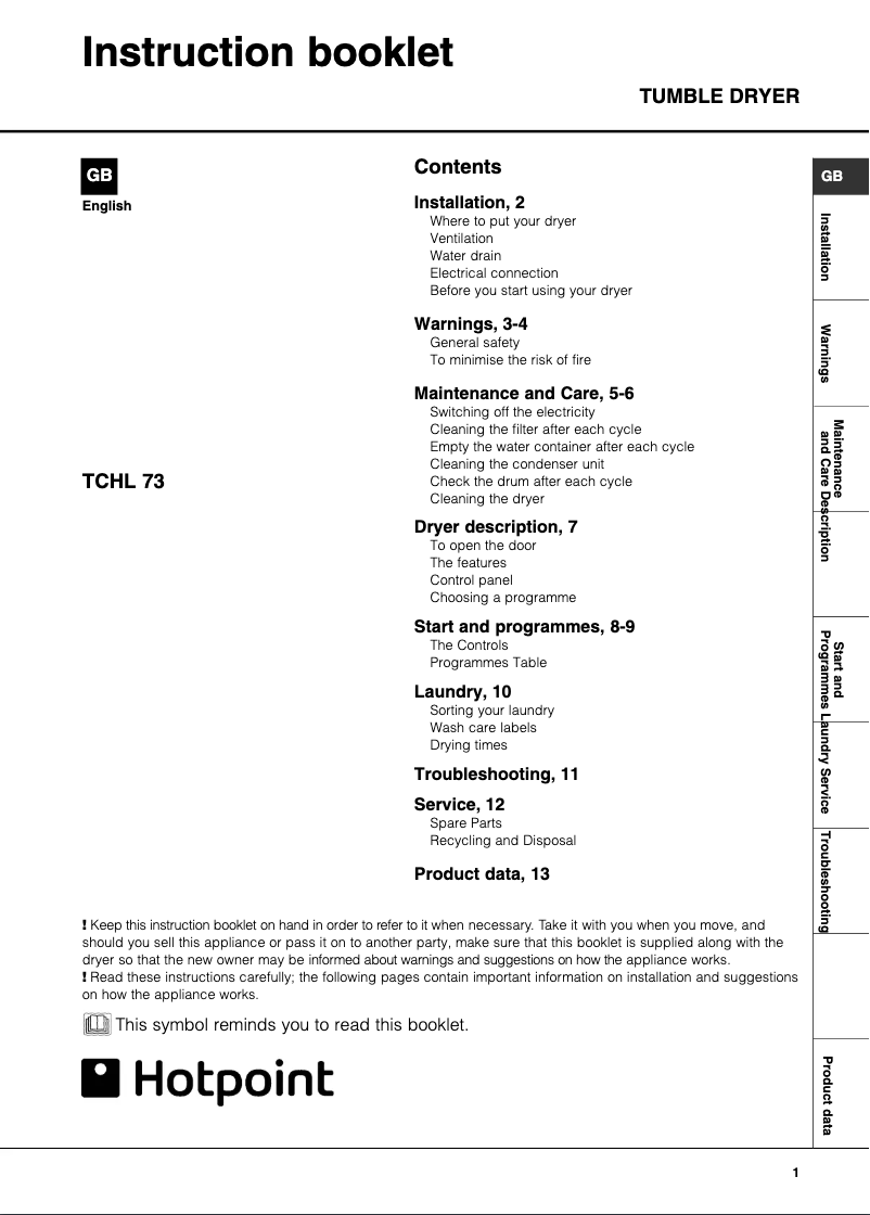 Page n°1 - Manuel utilisateur Hotpoint TCHL 73C RG Aquarius