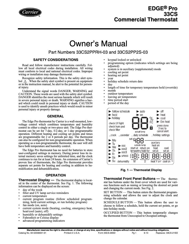Page n°1 - Manuel utilisateur Carrier Edge 33CS2PPRH-03