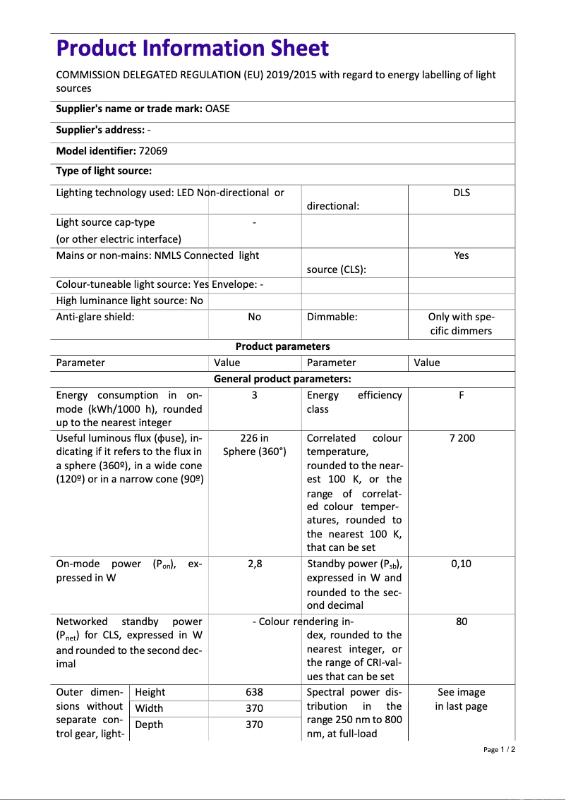 Página 1 del manual Ficha técnica Oase biOrb TUBE 30