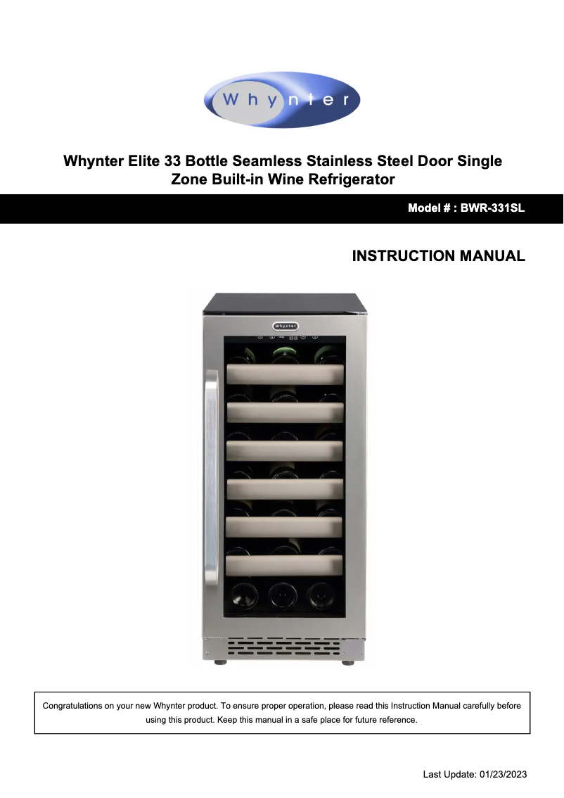 Page 1 de la notice Manuel utilisateur Whynter BWR-331SL