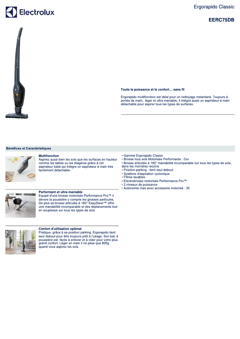 Página 1 del manual Ficha técnica Electrolux EERC75DB