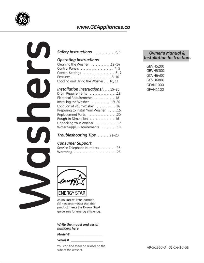 Page 1 de la notice Manuel utilisateur GE GCVH6400JWW