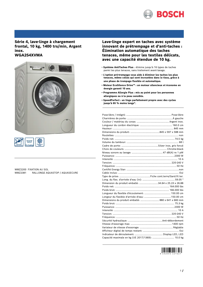 Página 1 del manual Ficha técnica Bosch WGA254XVMA