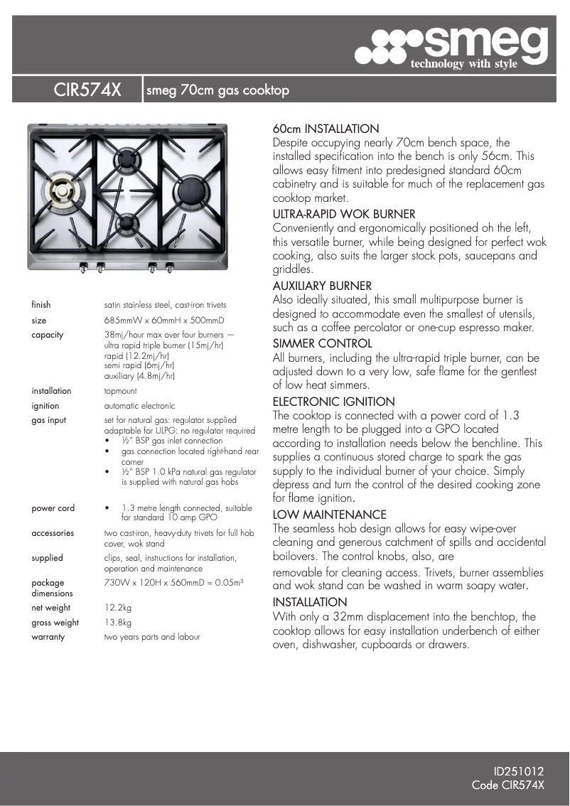 Page n°1 - Fiche technique Smeg CIR574X3