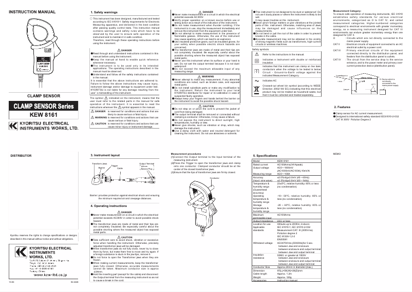 Page n°1 - Manuel utilisateur Kyoritsu KEW 8161