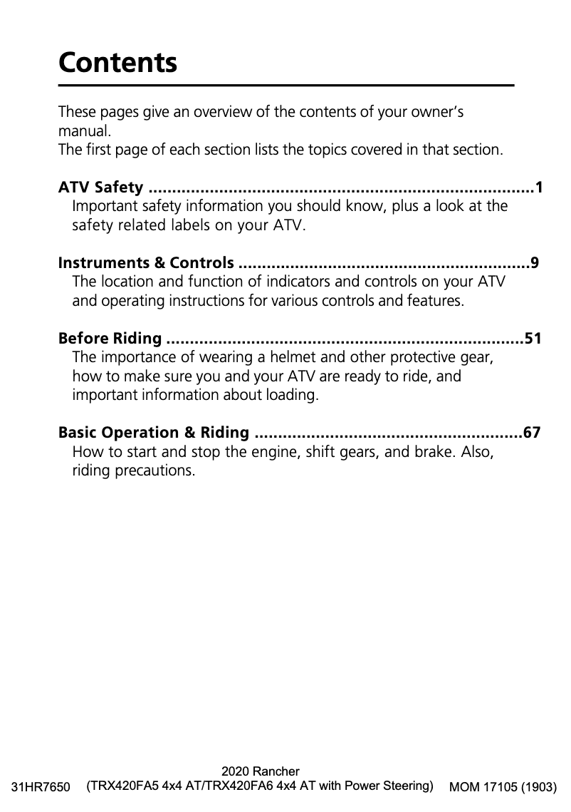 Page 1 de la notice Manuel utilisateur Honda FourTrax Rancher TRX420 (2020)
