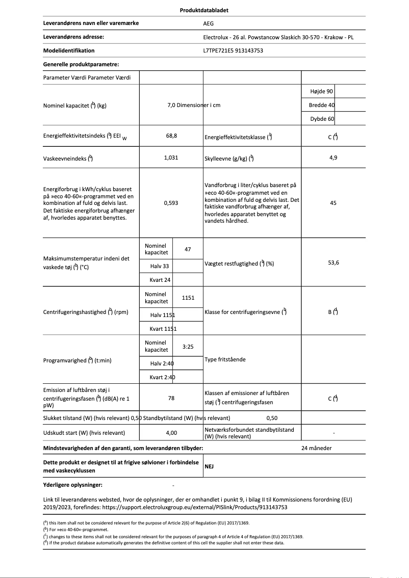 Página 1 del manual Ficha técnica AEG L7TPE721E5