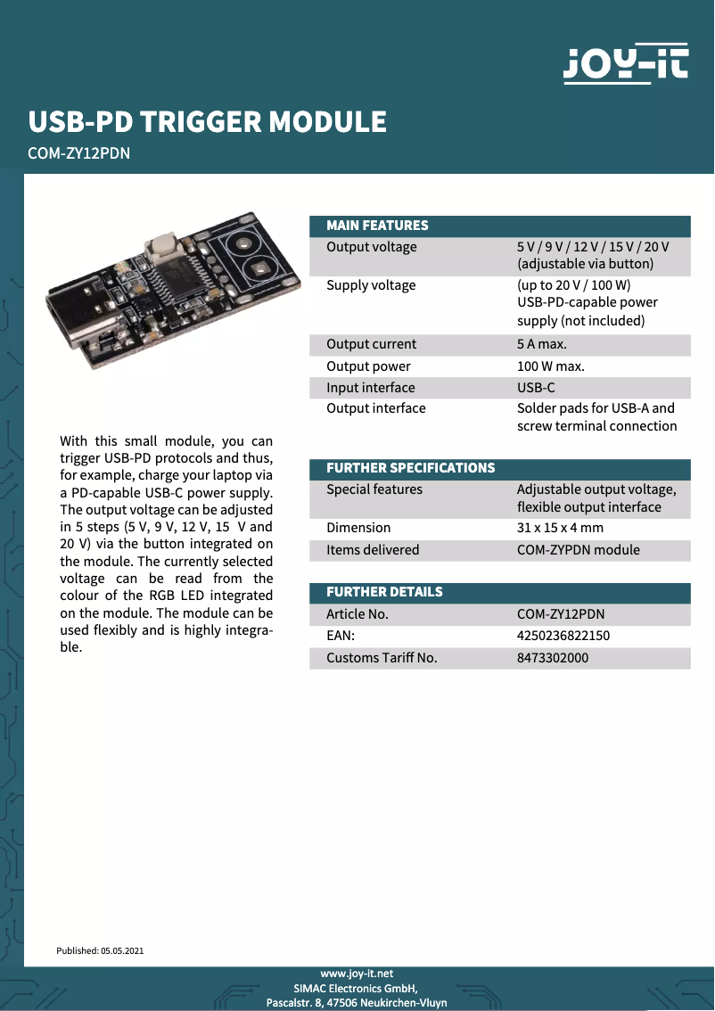 Page n°1 - Fiche technique Joy-It COM-ZY12PDN