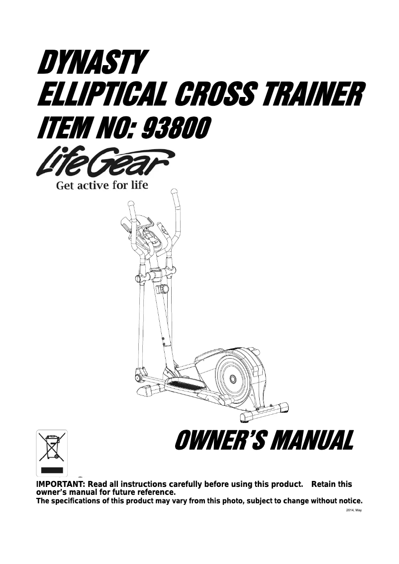 Página 1 del manual Manual de usuario Life Gear Dynasty Elliptical Cross Trainer 93800