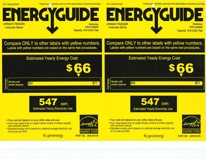 Page 1 de la notice Label énergétique Frigidaire FPFU19F8WF