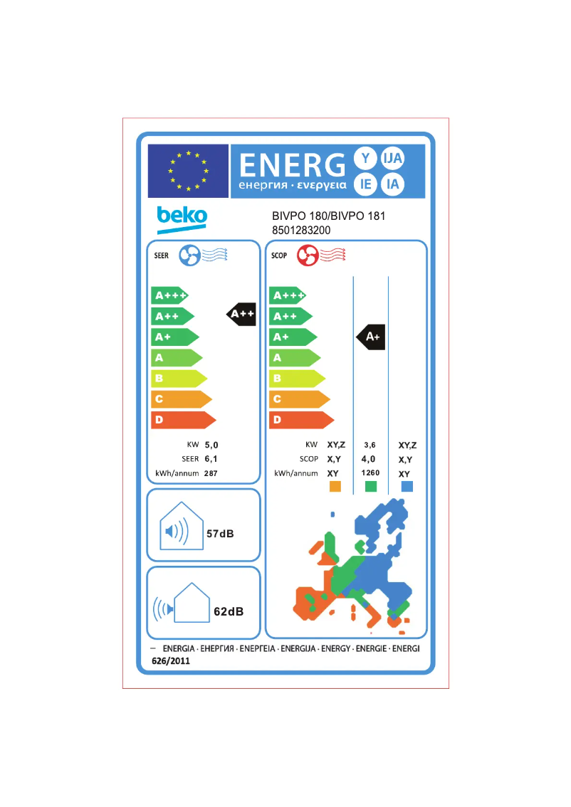 Page 1 de la notice Label énergétique Beko BIVPO 180/ BIVPO 181