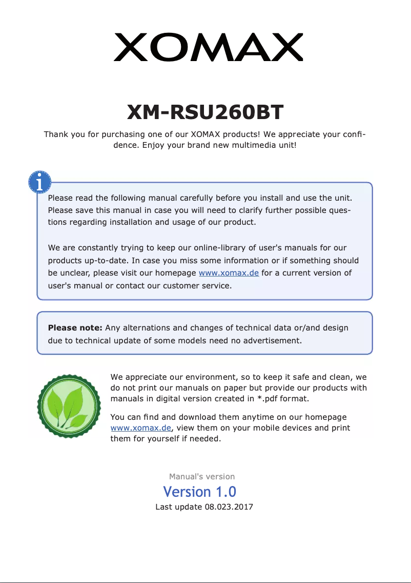 Image de la première page du manuel de l'appareil XM-RSU260BT