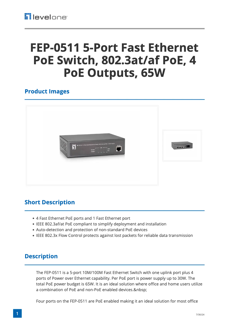 Page 1 of the manual Technical Sheet LevelOne FEP-0511