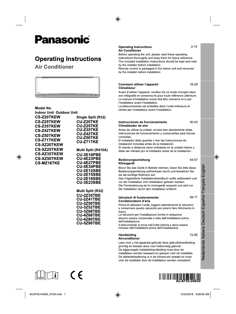 Page 1 de la notice Manuel utilisateur Panasonic CS-XZ35TKEW