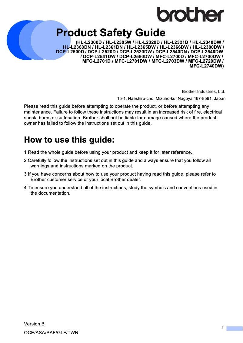 Page 1 de la notice Instructions de sécurité Brother HL-L2365DW