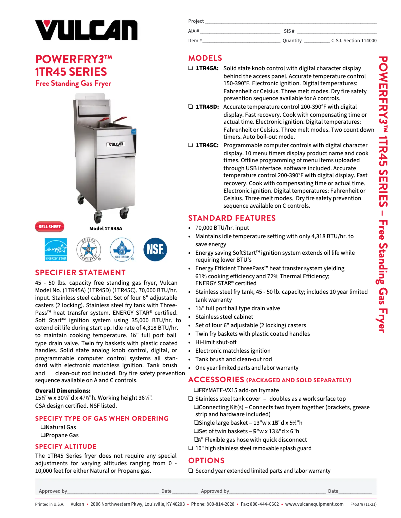 Page 1 de la notice Fiche technique Vulcan TR45