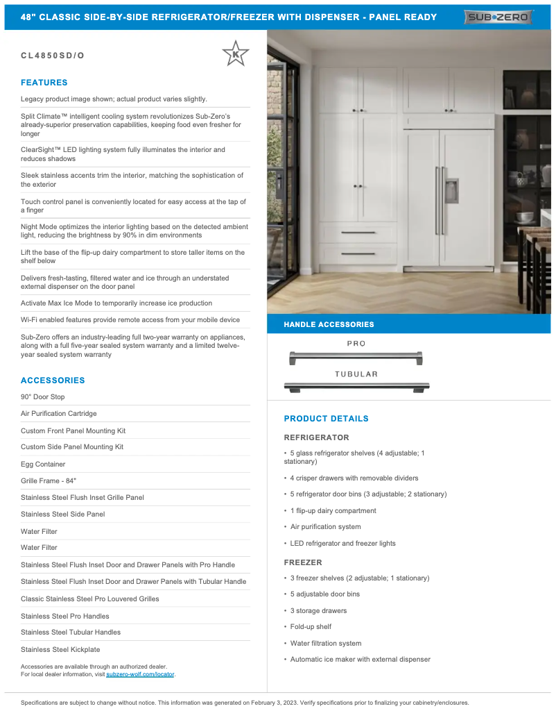 Page 1 de la notice Guide d'installation Sub-Zero CL4850SO
