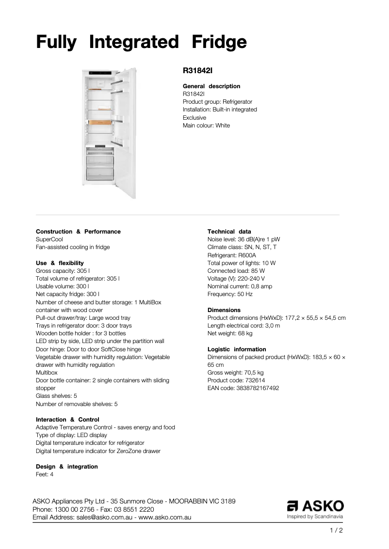 Page n°1 - Fiche technique Asko R31842I