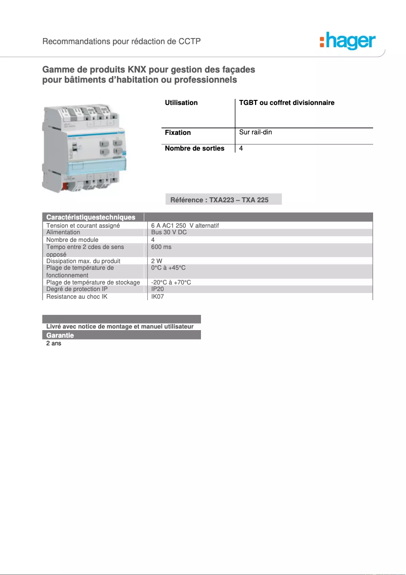 Page 1 de la notice Catalogue Hager TG053A