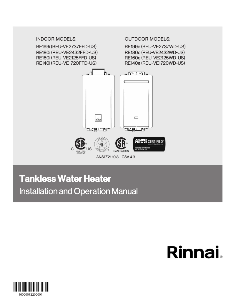 Page 1 de la notice Guide d'installation Rinnai RE180eN