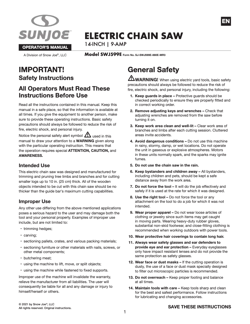 Page 1 de la notice Manuel utilisateur Sun Joe SWJ599E