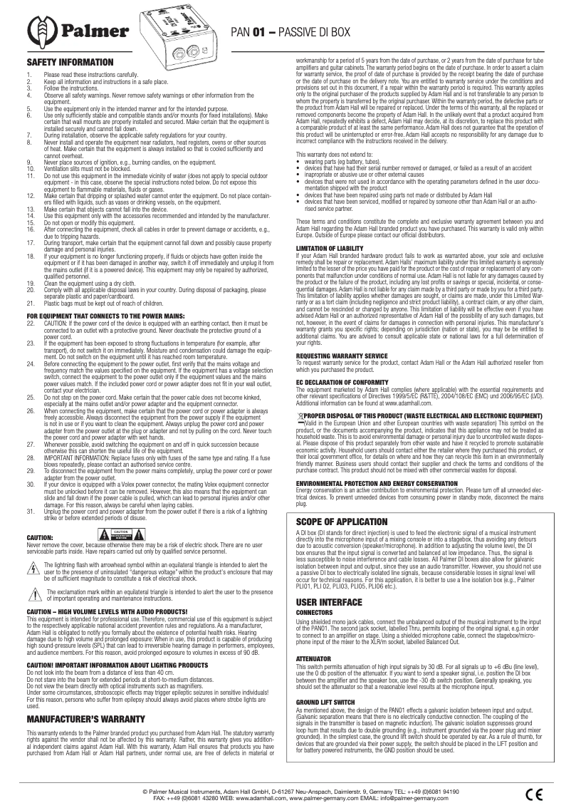 Page n°1 - Manuel utilisateur Palmer PAN 01