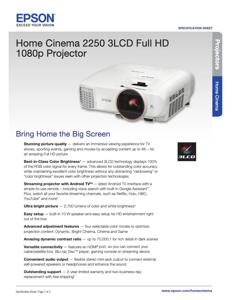 Page 1 de la notice Fiche technique Epson Home Cinema 2250
