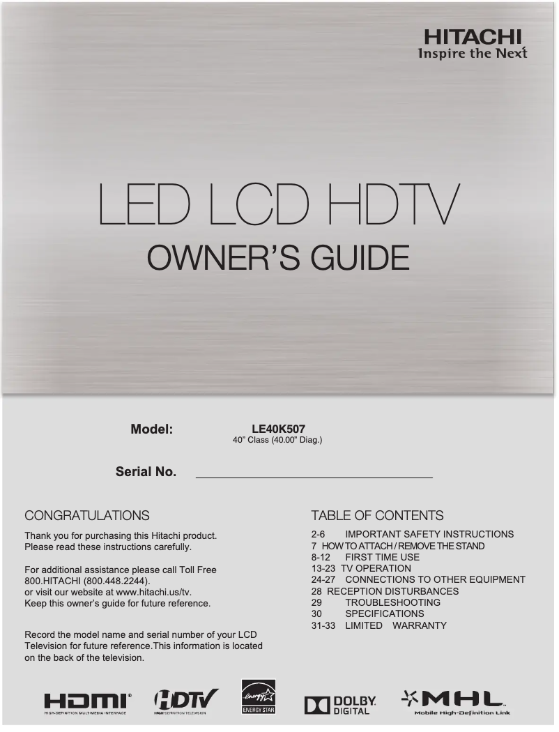 Page n°1 - Manuel utilisateur Hitachi LE40K507