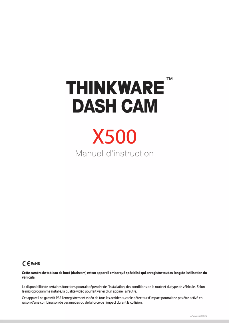 Page 1 de la notice Manuel utilisateur Thinkware Dash Cam X500