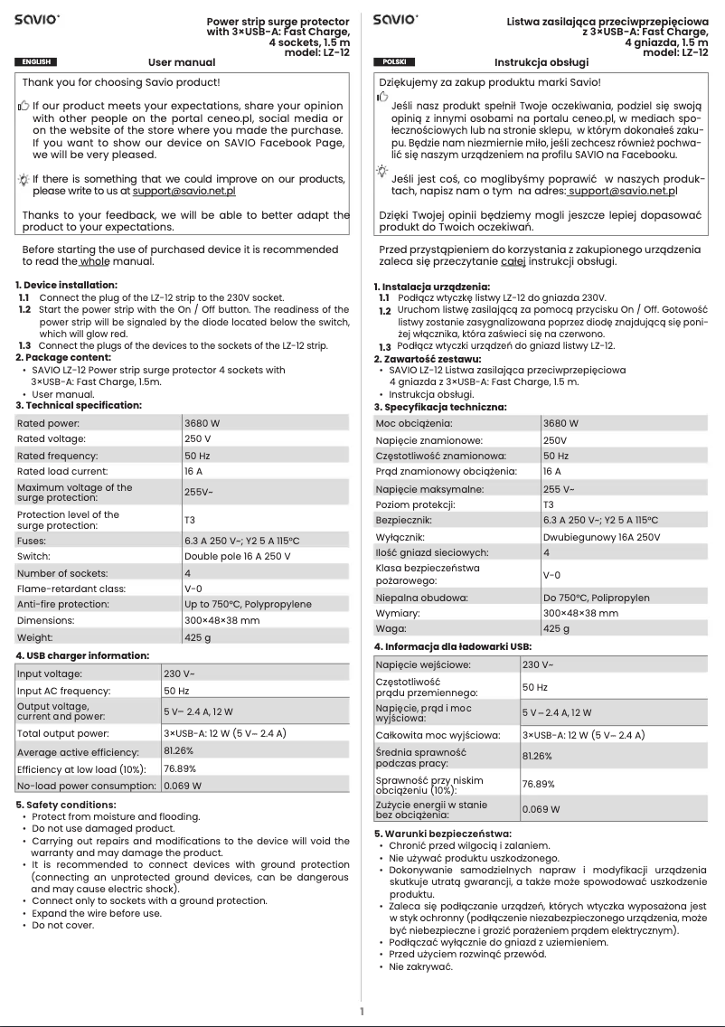 Page 1 de la notice Manuel utilisateur Savio LZ-12