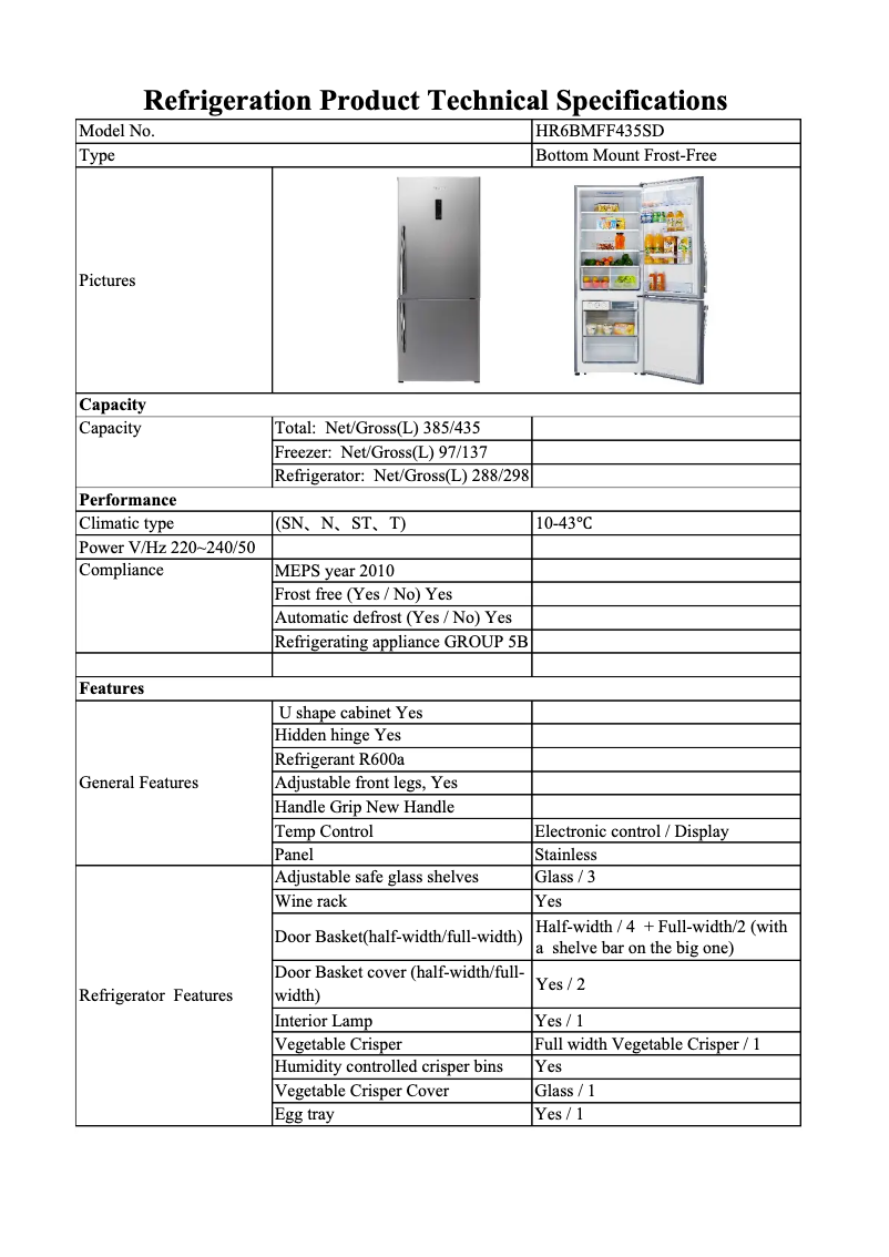 Page 1 de la notice Fiche technique Hisense HR6BMFF435D