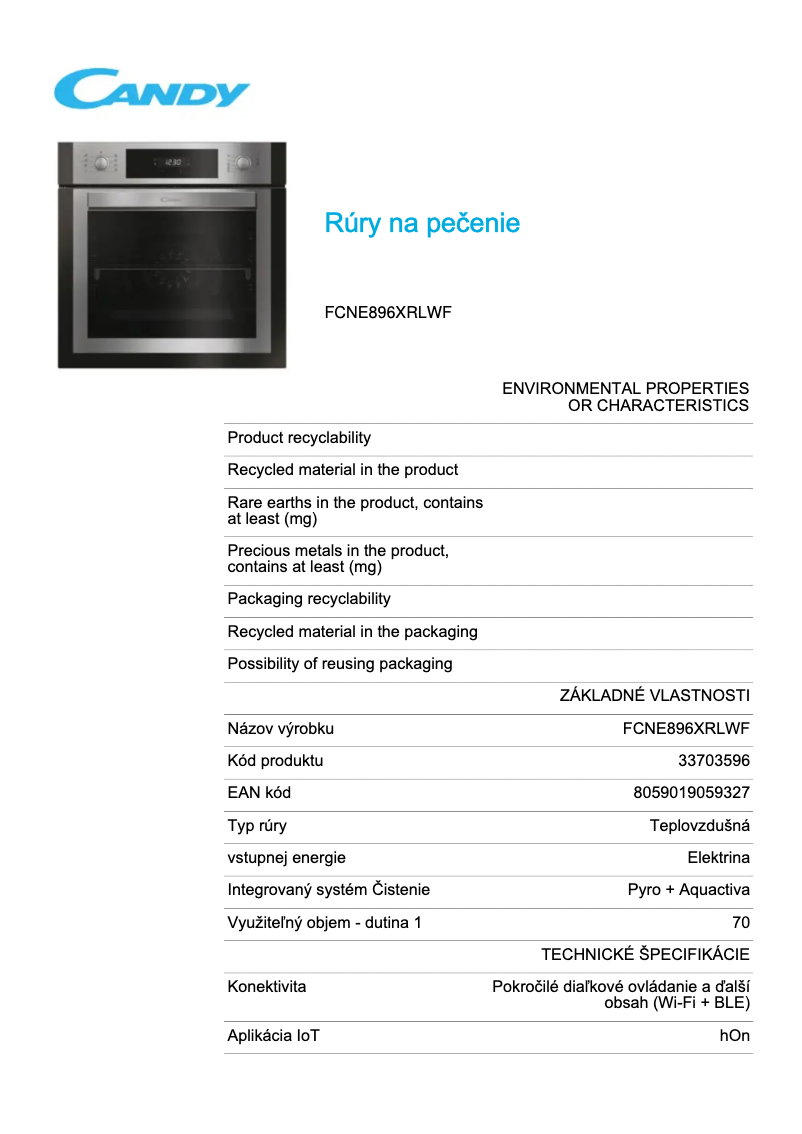 Page 1 de la notice Fiche technique Candy FCNE896XRLWF