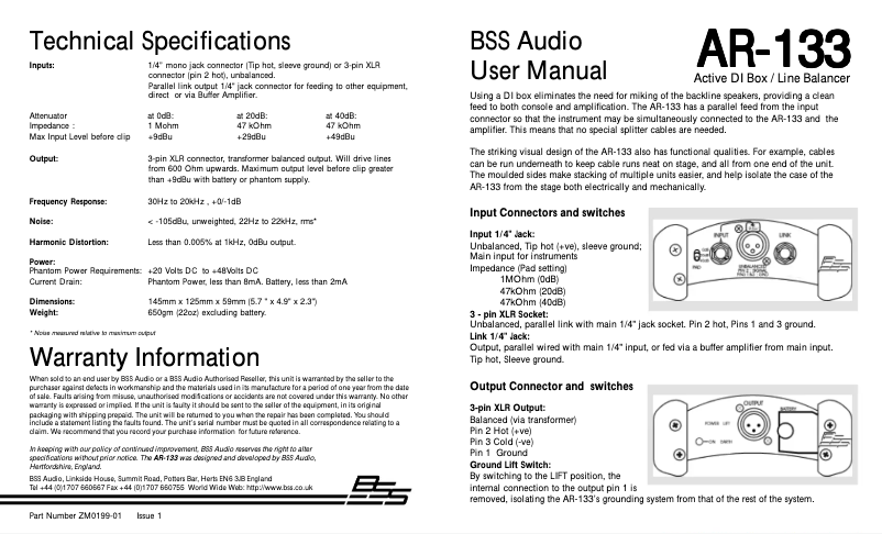 Page n°1 - Manuel utilisateur BSS Audio AR-133