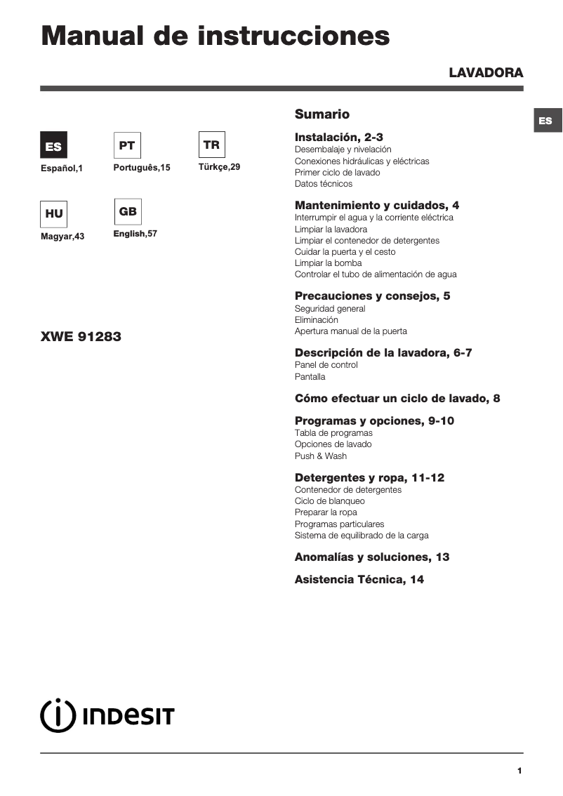 Page n°1 - Manuel utilisateur Indesit XWE 91283X WSSS