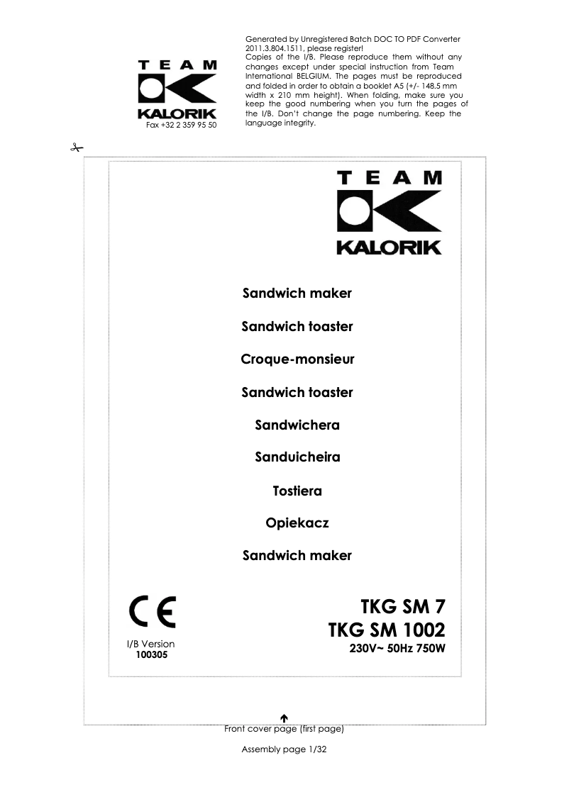 Page n°1 - Manuel utilisateur Kalorik TKG SM 1002