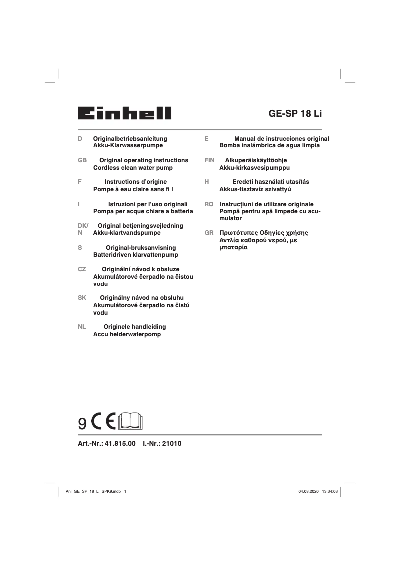 Page 1 de la notice Manuel utilisateur Einhell GE-SP 18 Li
