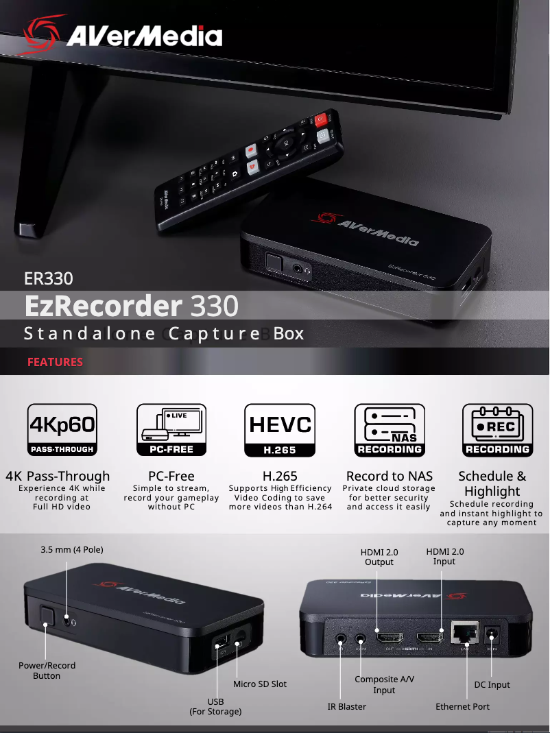 Page 1 de la notice Fiche technique AVerMedia Live Streamer CAP 4K BU113