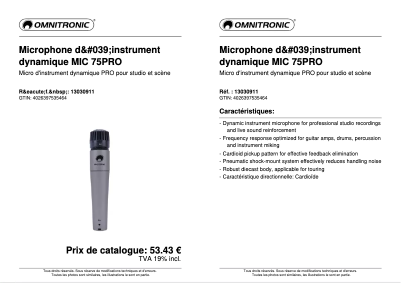 Page n°1 - Fiche technique Omnitronic MIC 75PRO