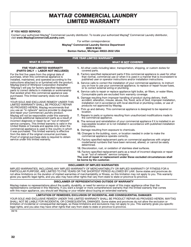 Page n°1 - Informations de garantie Maytag MLE27PDBYW