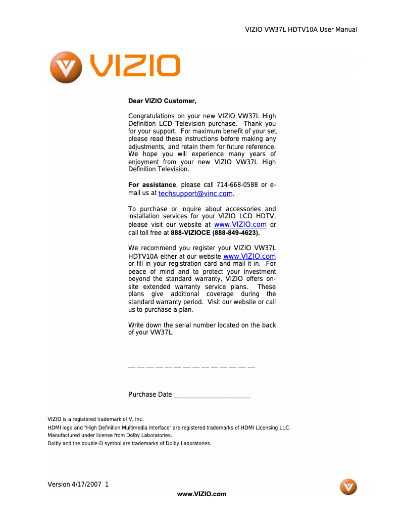 Image de la première page du manuel de l'appareil VW37L