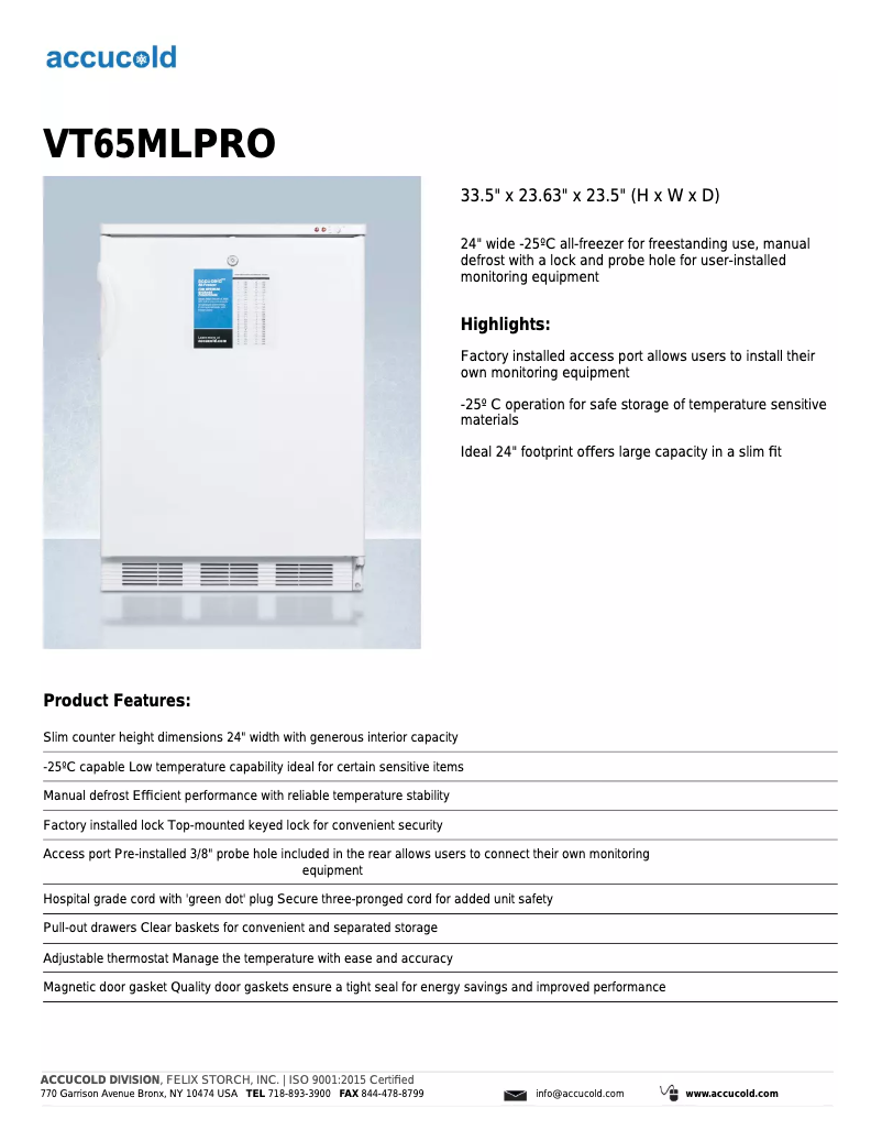 Page 1 de la notice Fiche technique Accucold VT65MLPRO
