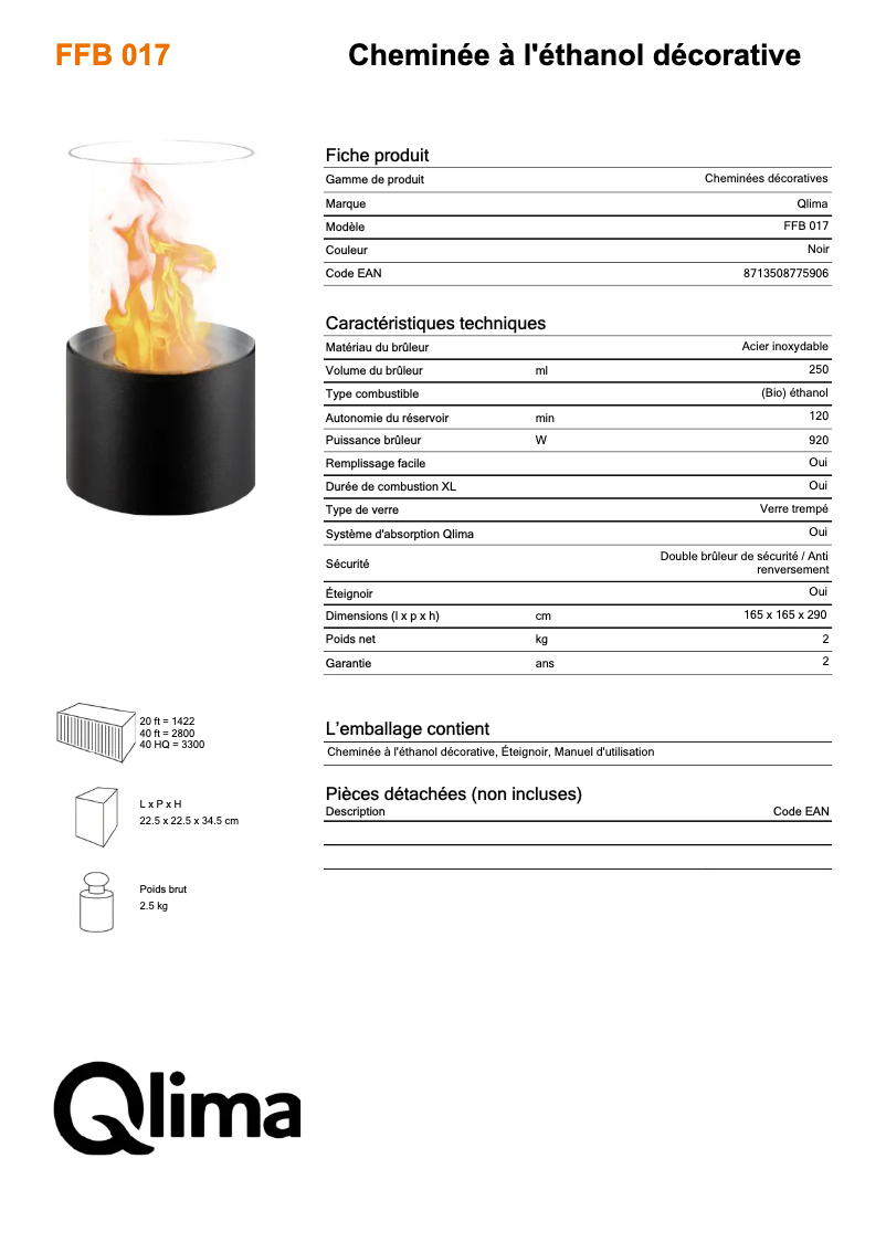 Página 1 del manual Ficha técnica Qlima FFB 017