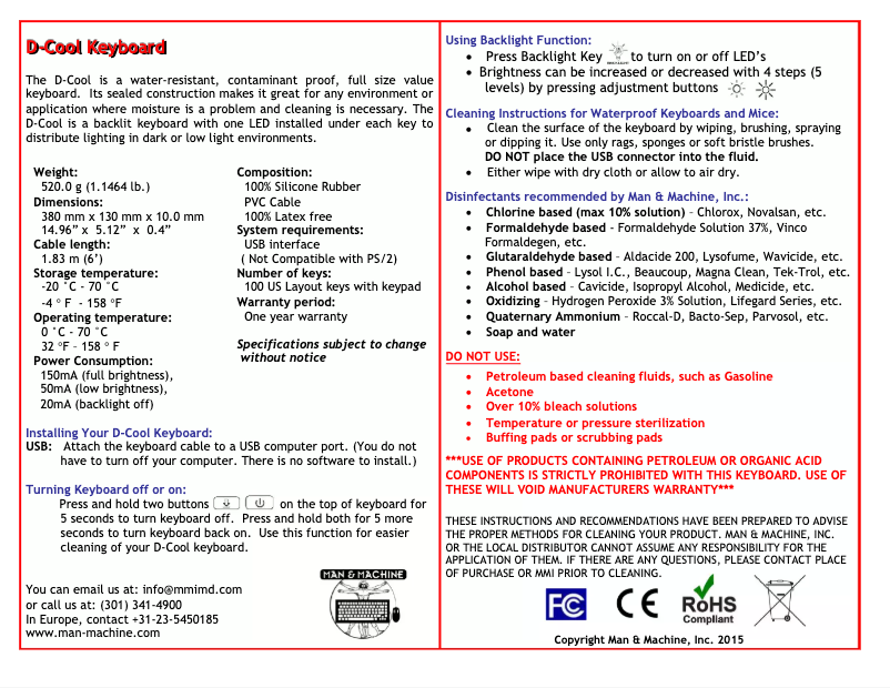 Page 1 de la notice Manuel utilisateur Man & Machine DCOOL/W5